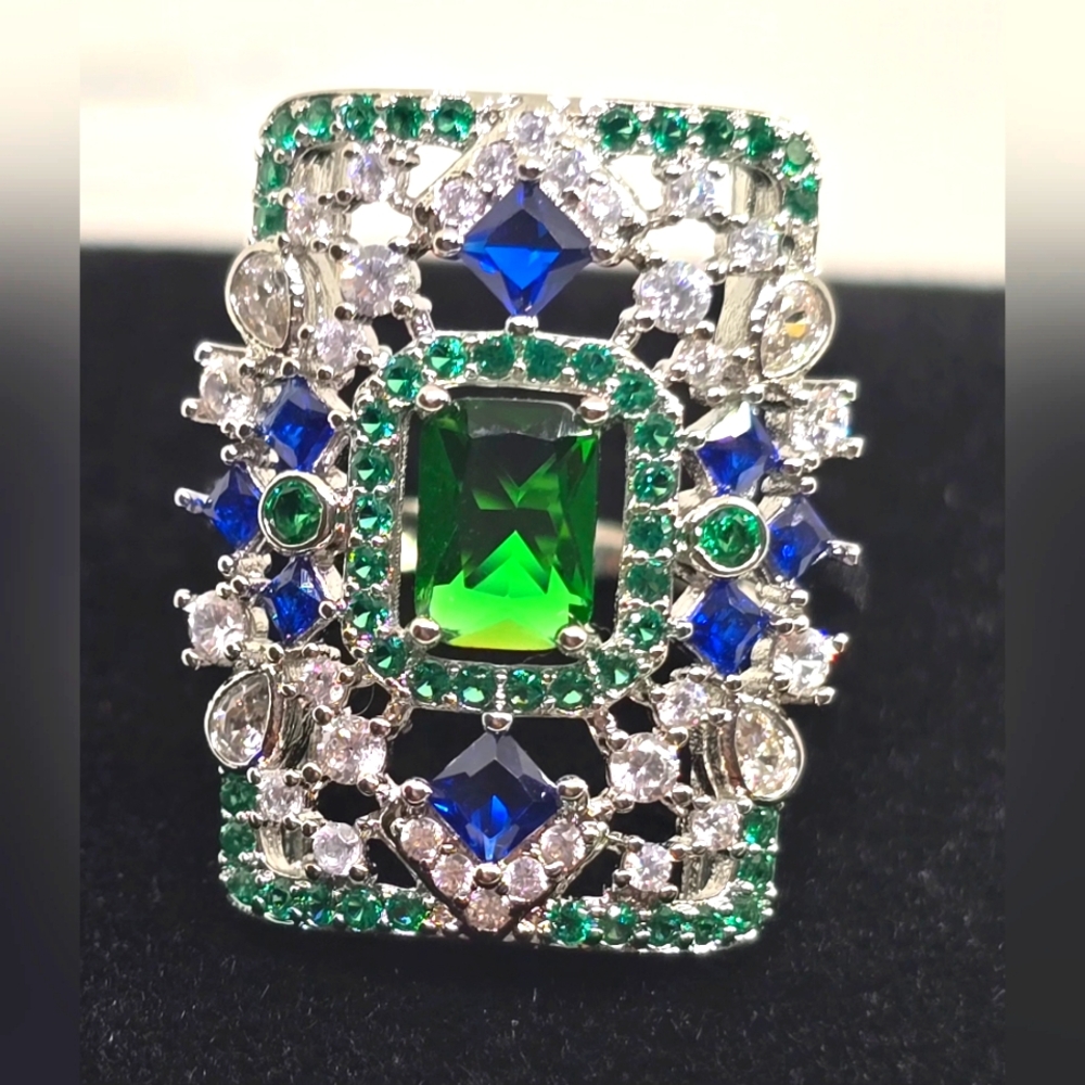 Art Deco Clear, Green and Blue Cz Silver Ring